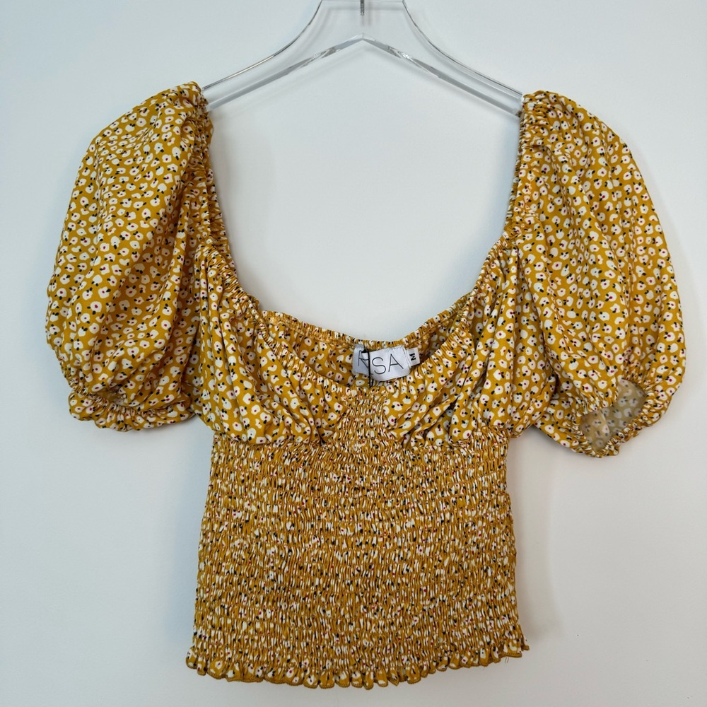 RESA Stella Shirt Women Medium Smocked Bodice Puff Sleeves Cropped Festival Boho